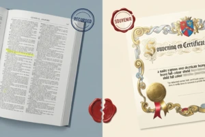 An open General Armory reference volume beside a decorated souvenir certificate, contrasting a recorded entry with a bought one