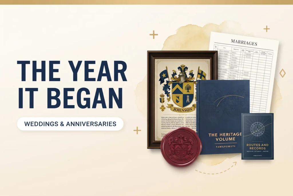 A framed coat of arms, two Heritage Volumes and a wax seal with a marriage register, beside a headline reading The Year It Began
