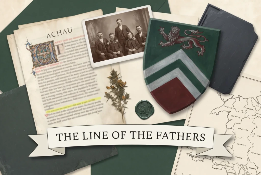 Collage of a Welsh manuscript headed Achau, a mining family portrait, a slate tile and a county map under a banner reading The Line of the Fathers