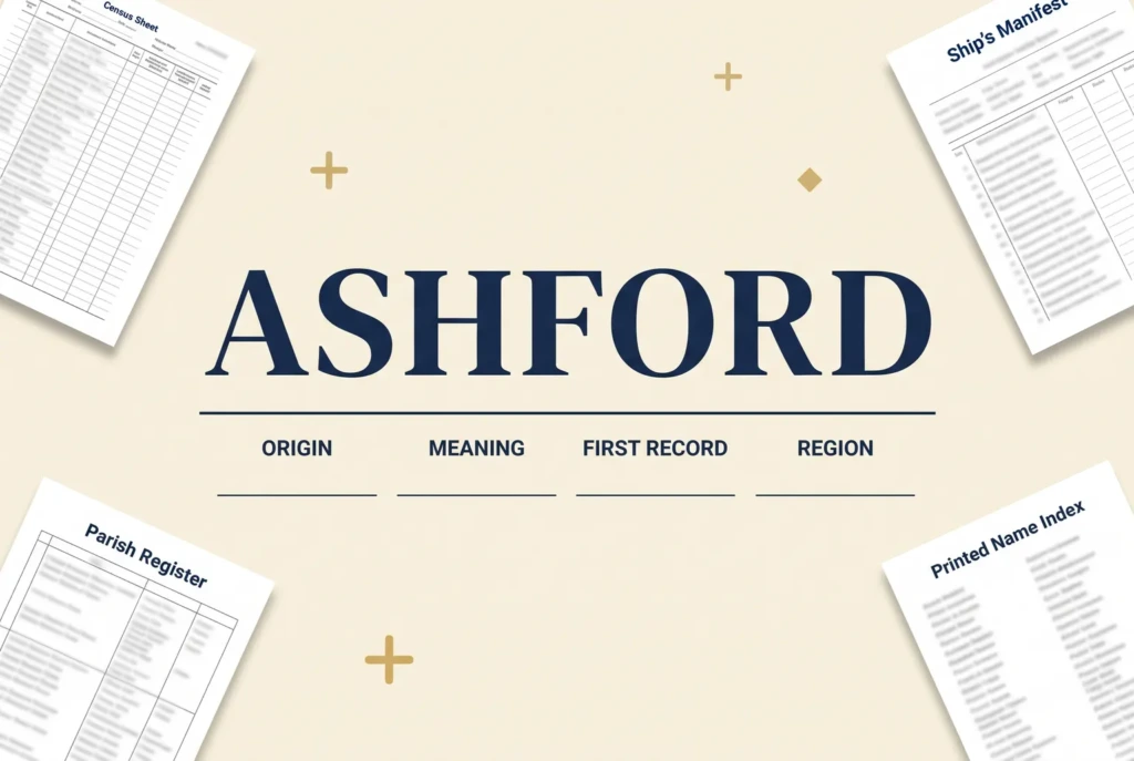 A surname set large above four empty labelled fields for origin, meaning, first record and region, surrounded by archive documents