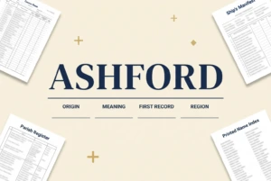 A surname set large above four empty labelled fields for origin, meaning, first record and region, surrounded by archive documents