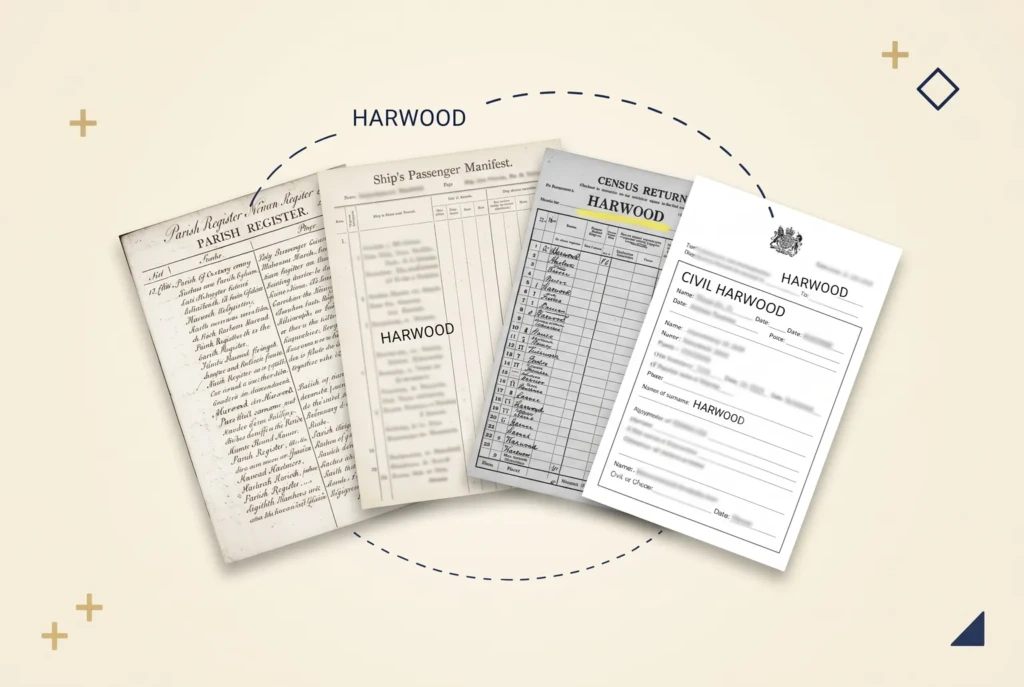 The same surname written legibly on four documents of different eras, the only readable words on each page