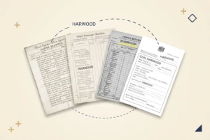 The same surname written legibly on four documents of different eras, the only readable words on each page