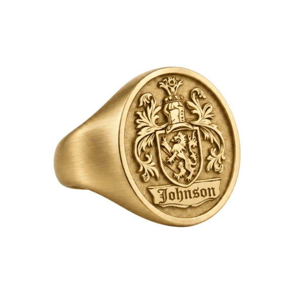 Women's 18K gold plated family crest signet ring engraved with a coat of arms