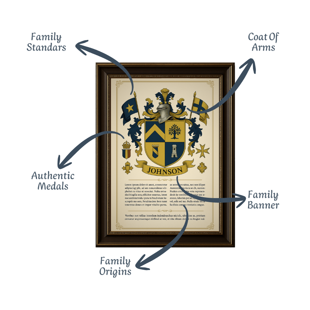 Family crest frame with annotated symbols
