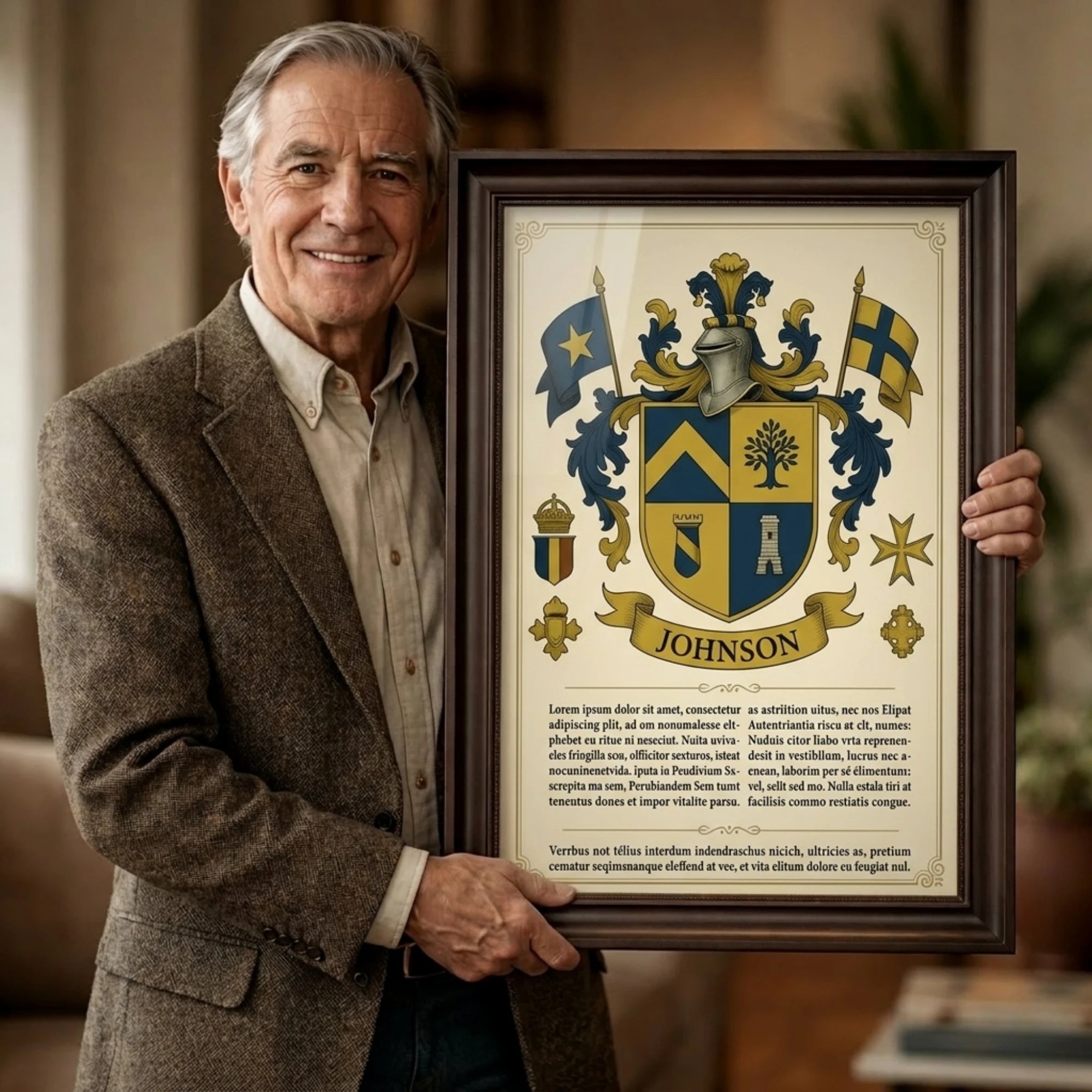 Person holding their family coat of arms framed wall art